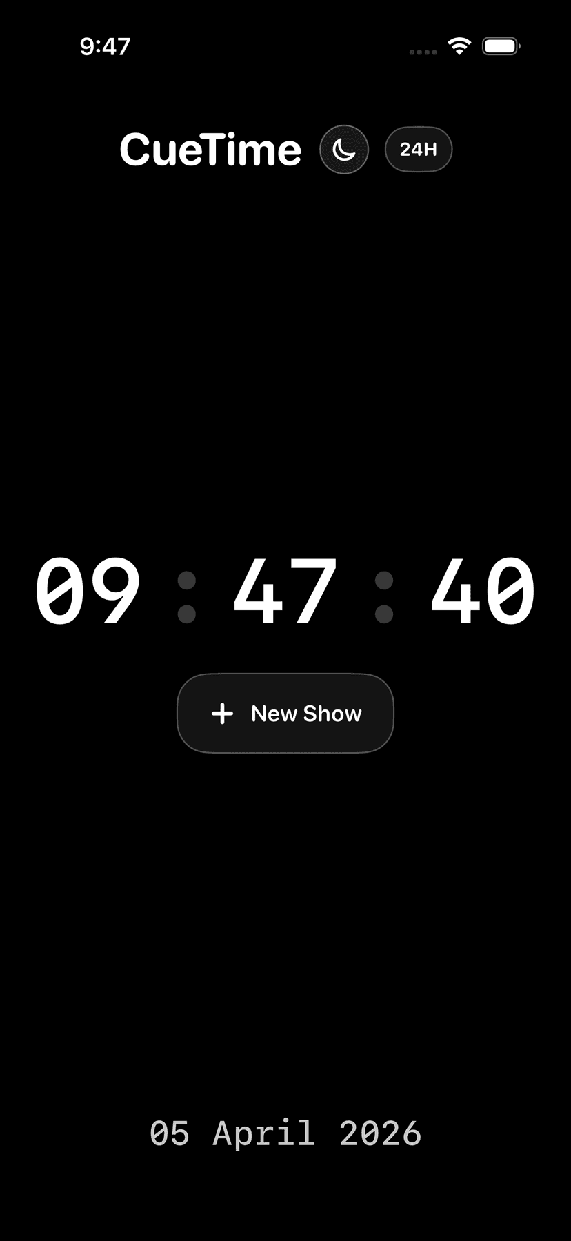 Cue Timer main countdown screen in dark theme.