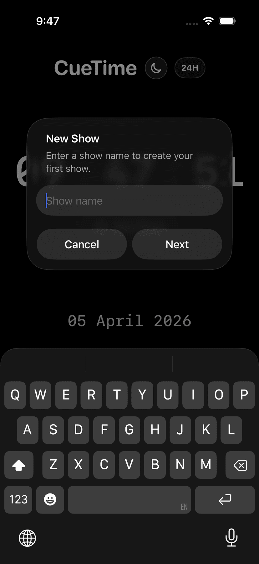 Cue Timer new show dialog with keyboard open.