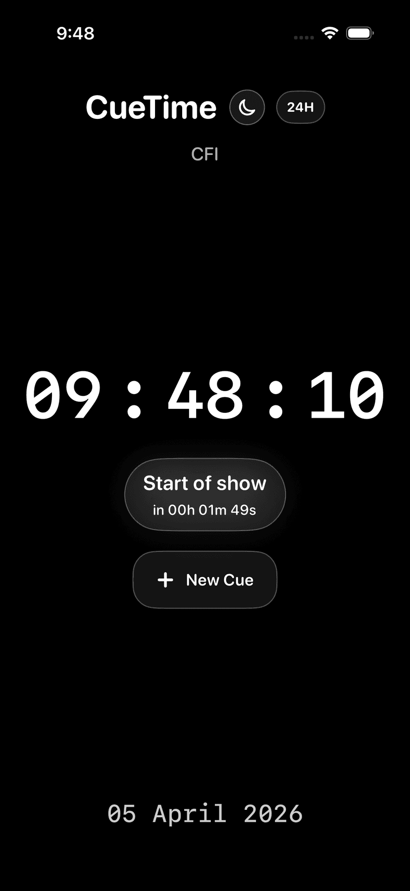 Cue Timer with active show and next cue preview.