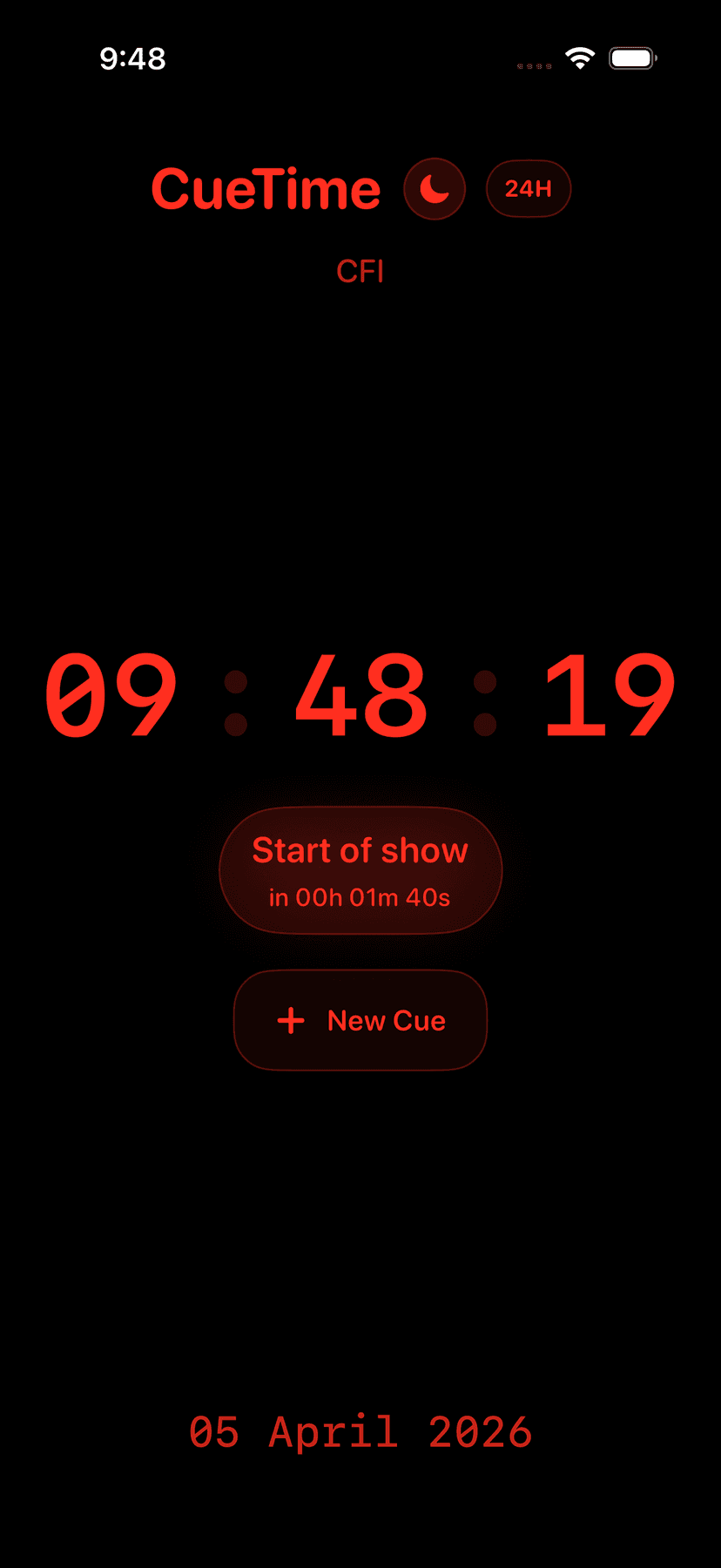 Cue Timer red alert styling with cue timing details.