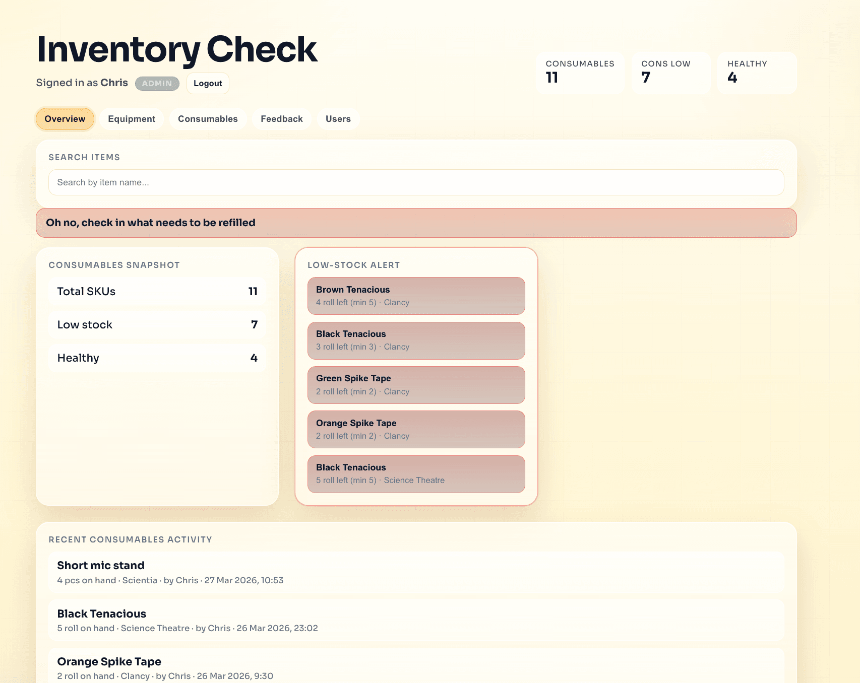Vibe Inventory dashboard showing inventory checks and low-stock alerts.