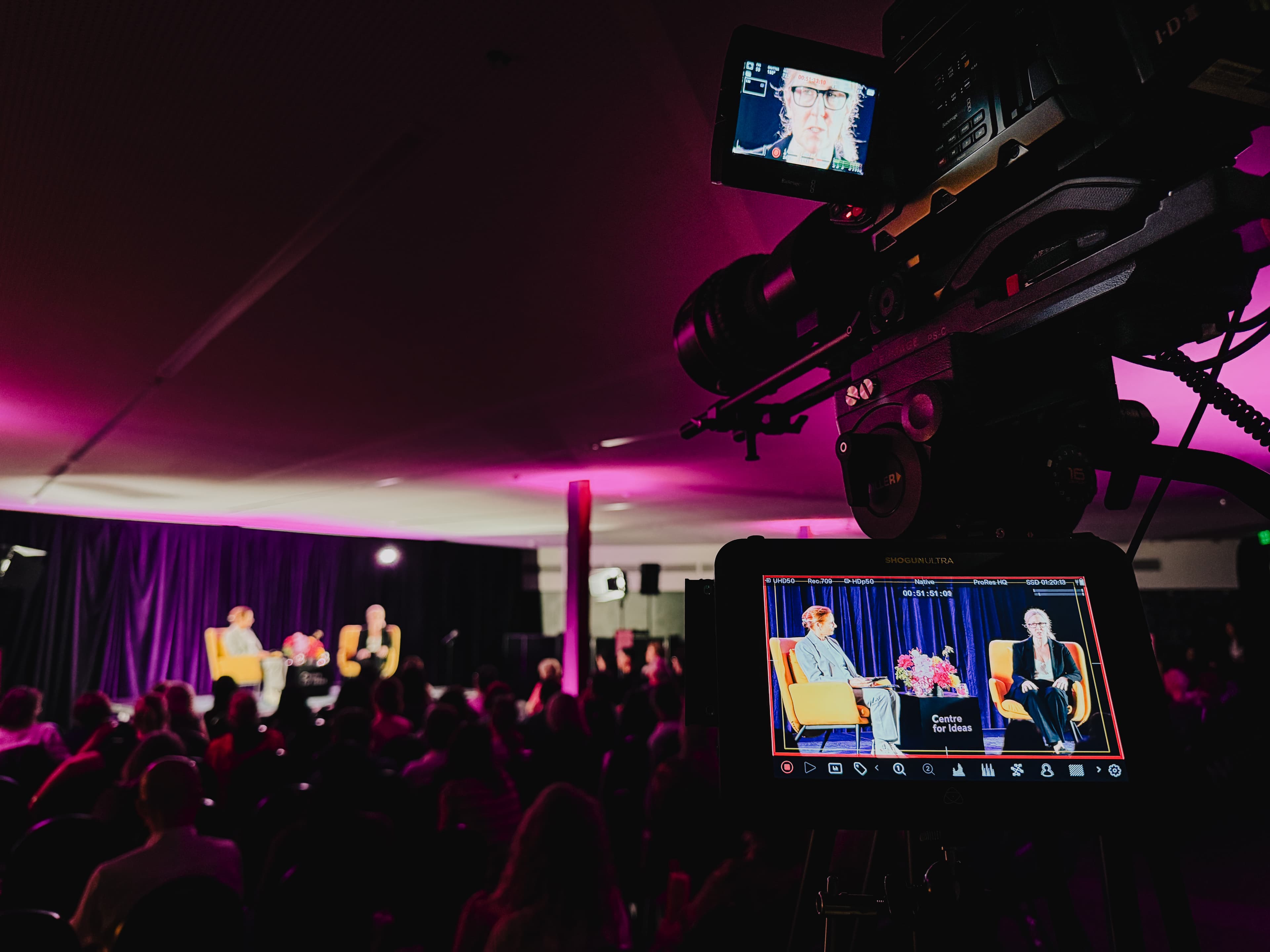 Live talk show captured with a professional camera rig and audience under event lighting.